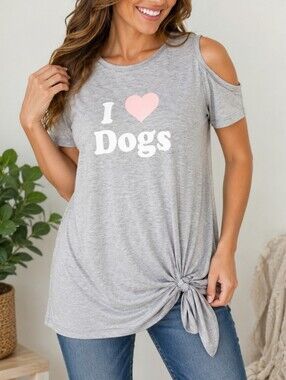 GRAYSON SOCIAL | Women's Gray "I Love Dogs" Cold Shoulder Knot Hem Top Size L